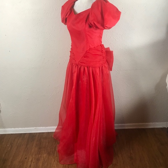 Vintage 80s organza red formal dress holiday - Picture 2 of 5